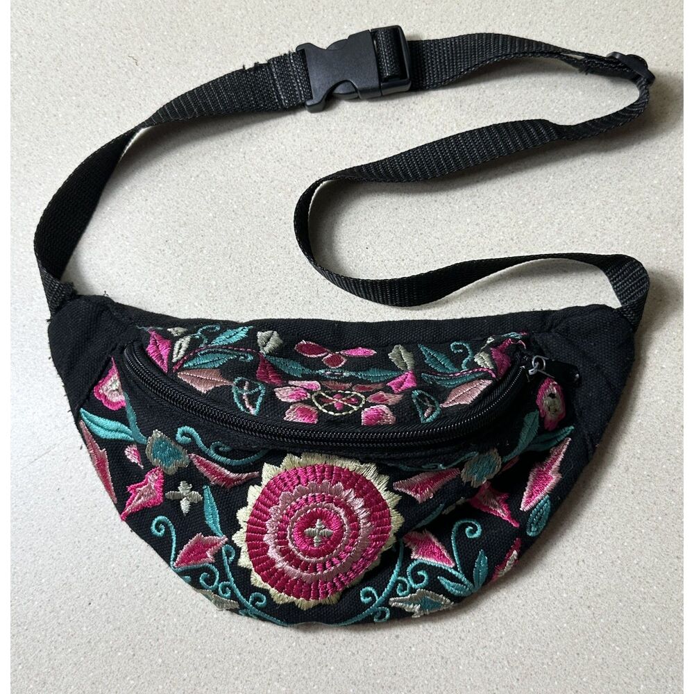 Festival Heavily Embroidered BOHO Adjustable Black Cotton Fanny Pack One Size